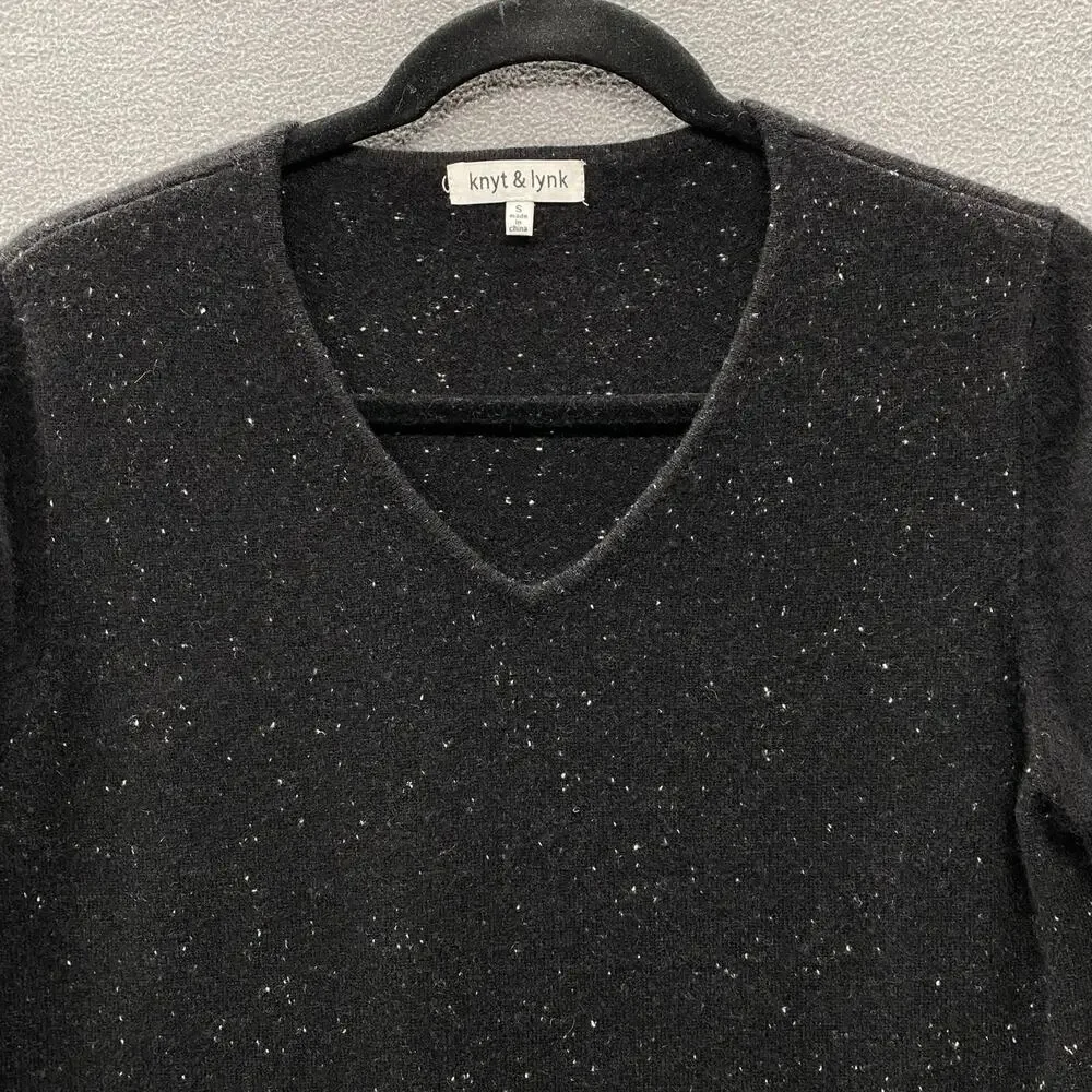 Knyt Lynk Cashmere V Neck Sweater Black Women S Speckled Casual Cozy Long Sleeve